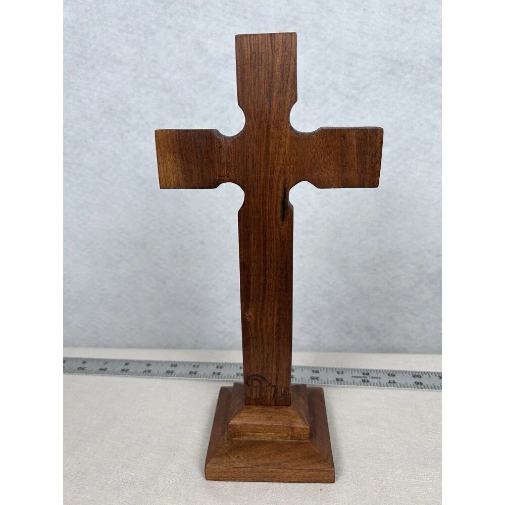VTG Wood table top cross 75 hand-carved 12 in signed dated folk art chip-carving